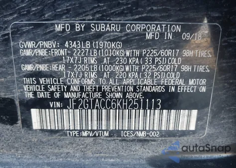 2019 Subaru Crosstrek 2.0I Premium from USA, damaged, VIN JF2GTACC6KH251113